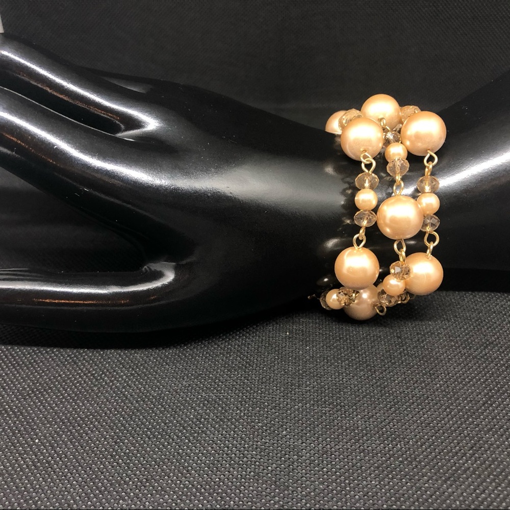 3 strand Faux Champagne Pearl & gold tone bracelet